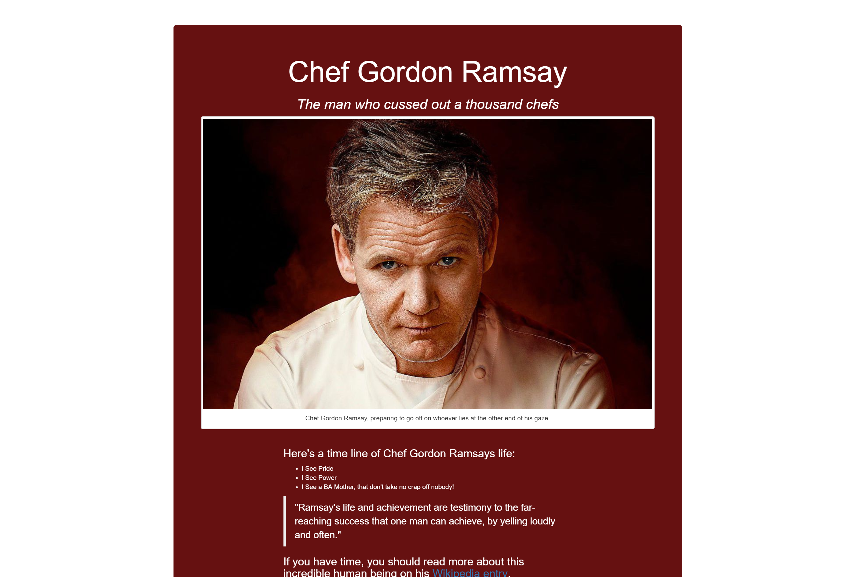 A simple page about Chef Gordon Ramsay designed by Seth Clark